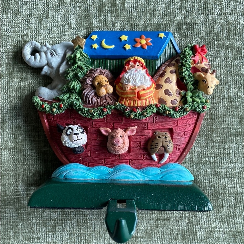 Vintage Colorful Noah's Ark Stocking Hanger Hand Painted With Hook 1995